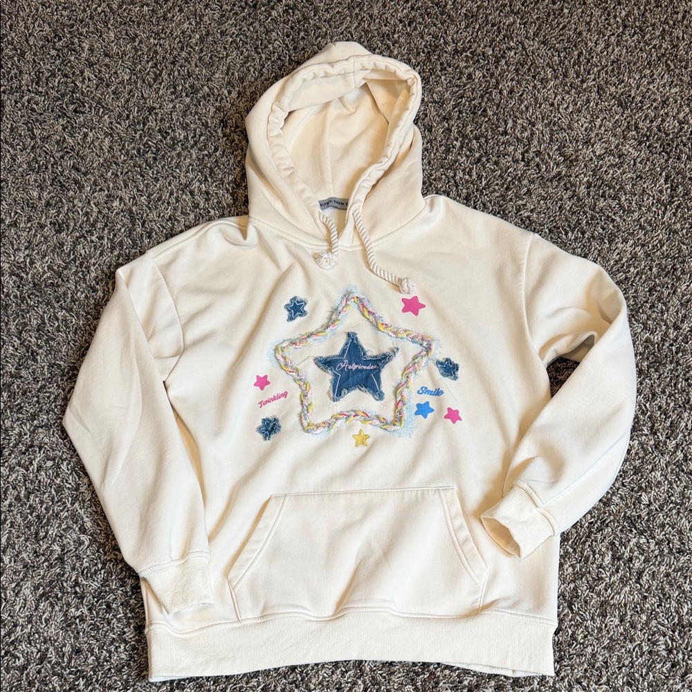 Aelfric Eden Cream Hoodie with Multicolor Star Embellishments